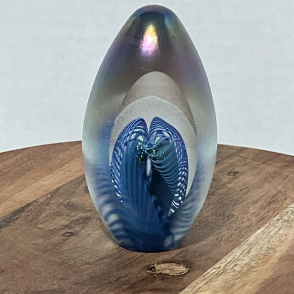 Eickholt Signed 95 Iridescent Satin Blue Swirl Glass Egg Dichroic Paperweight - Picture 1 of 6